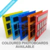 Five colourful acrylic photo display boards in red, orange, blue, light blue, and yellow with customisable layouts and metal wall mounts.