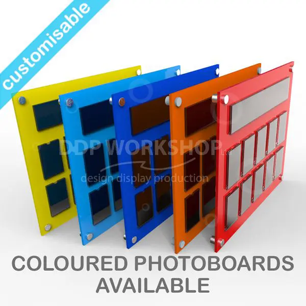 Five colourful acrylic photo display boards in red, orange, blue, light blue, and yellow with customisable layouts and metal wall mounts.