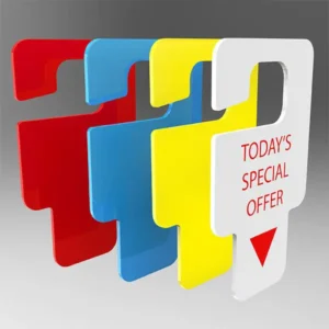Colourful acrylic product highlighter hooks with custom messaging for special offers and promotions.