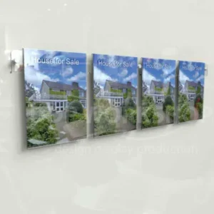 Wall-mounted acrylic display with four A4 portrait pockets on a 1m wide clear acrylic cross bar, showcasing real estate adverts.