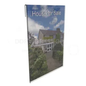Clear acrylic A4 portrait information pocket displaying a real estate advert, with a hook-over design for easy attachment.