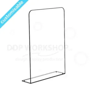 Clear acrylic checkout safety screen with base return for stability, designed for customer-facing counters.