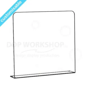 Clear acrylic 900mm-wide checkout safety screen with base return for counters and service areas.