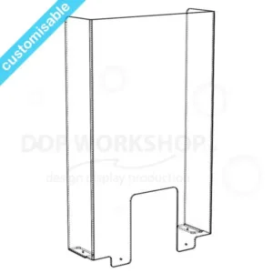 Clear acrylic checkout screen with pass-through opening and side panels for added protection.
