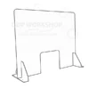 Clear acrylic sneeze screen with a rectangular serving hatch, supported by two angled acrylic feet, ideal for counter-top safety and service.