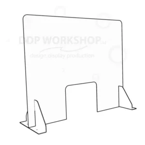 Clear acrylic sneeze screen with a rectangular serving hatch, supported by two angled acrylic feet, ideal for counter-top safety and service.