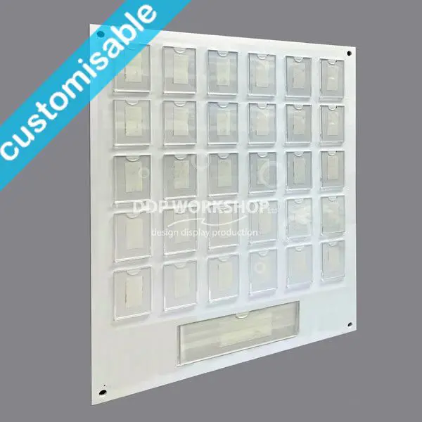 Customisable white staff photo board with 30 clear acrylic portrait pockets and a footer pocket for organisation branding.