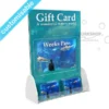 Retail display stand with an A4 poster holder and front gift card shelf, ideal for promotions and gift card sales.