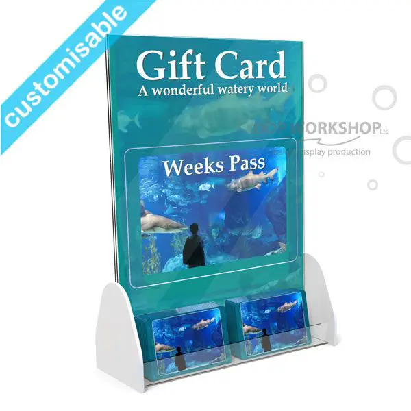 Retail display stand with an A4 poster holder and front gift card shelf, ideal for promotions and gift card sales.