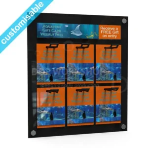 Wall-mounted gift card display with 6 eurohooks and customisable header panel for retail promotions.
