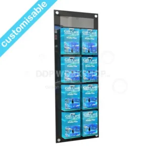 Wall-mounted black acrylic display with eight eurohook slots holding blue aquarium-themed gift cards titled “Weeks Pass”.