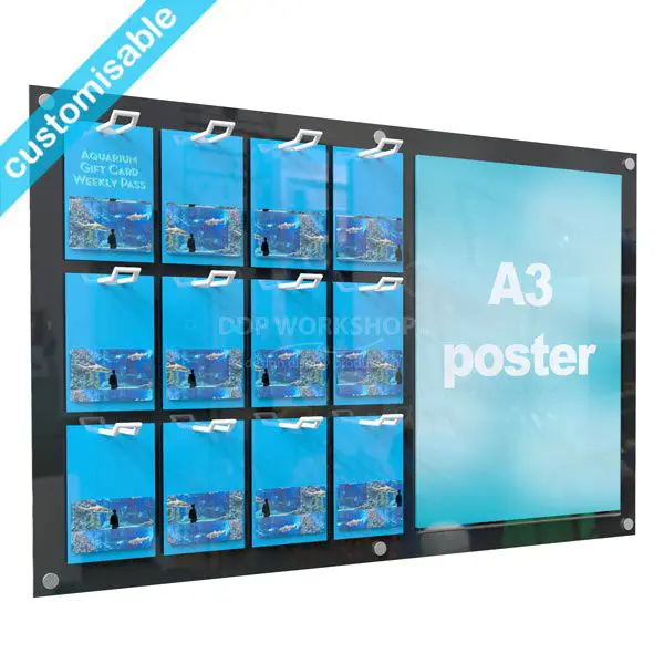 Wall-mounted acrylic gift card display with 12 individual euro hook slots and an A3 poster pocket, shown with bright blue aquarium gift cards.
