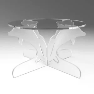 Frosted acrylic dolphin-shaped cake stand supporting a round clear acrylic plate, perfect for elegant cake displays.