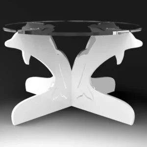 White acrylic dolphin-themed cake stand with clear round top plate, ideal for elegant 10-inch cake presentations.