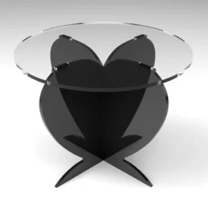 Gloss black heart-shaped cake stand with clear acrylic top plate, ideal for modern cake displays.