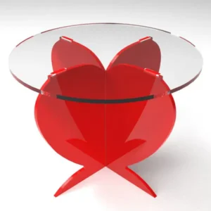 Modern round acrylic table with a bold red heart-shaped base and a clear top plate.