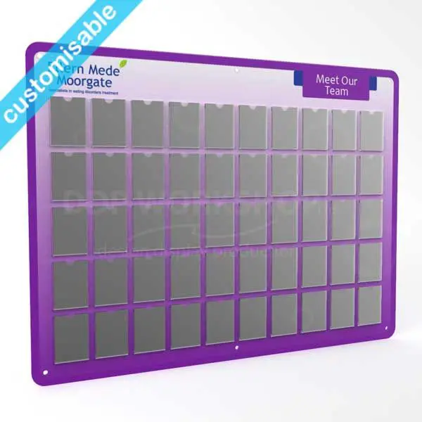 Customisable acrylic staff photoboard with 50 A7 portrait pockets and purple border, featuring "Meet Our Team" header and logo branding.
