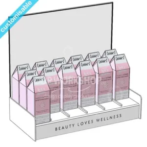 CAD design of a customisable countertop supplement display stand with header graphic and slotted product supports.