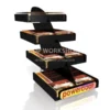 Modern acrylic media display unit with six angled compartments, designed for showcasing brochures or magazines in a sleek layout.