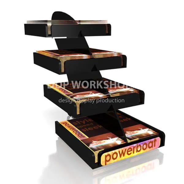 Modern acrylic media display unit with six angled compartments, designed for showcasing brochures or magazines in a sleek layout.