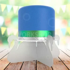 Stylish blue celebration cake displayed on a frosted acrylic swan-shaped cake stand with a polished clear round top.