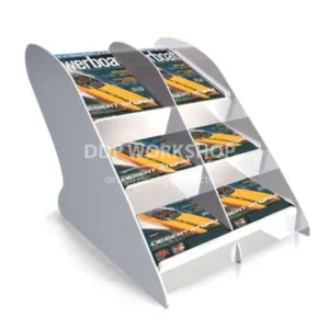 Angled Superocean media display unit with six magazine compartments, featuring a sleek white acrylic frame.