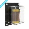 Small clear Perspex wall-mounted display case with a black back panel, showcasing a gold-trimmed brown object. Satin silver fixings visible at the corners.