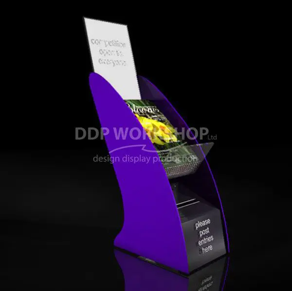 Coloured countertop acrylic collection box with A4 magazine tray and graphics trap header, shown with purple side panels and a donation slot.