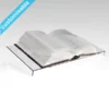 Clear acrylic album lectern stand displaying an open book at an angle for easy viewing.