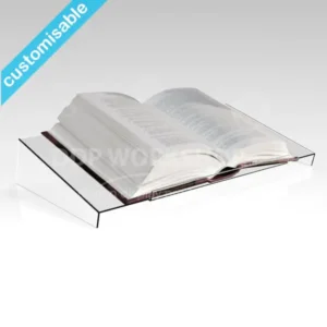 Clear acrylic album lectern stand displaying an open book at an angle for easy viewing.