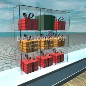 Clear acrylic 9-section tower display with square compartments, ideal for retail counters or product showcases.