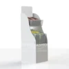 White acrylic 2-tier media display stand holding stacks of A4 and A5 magazines