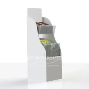 White acrylic 2-tier media display stand holding stacks of A4 and A5 magazines
