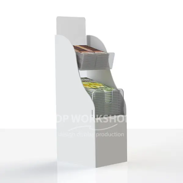 White acrylic 2-tier media display stand holding stacks of A4 and A5 magazines