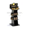 Floor-standing black cosmetic display with shelves and branded top panel