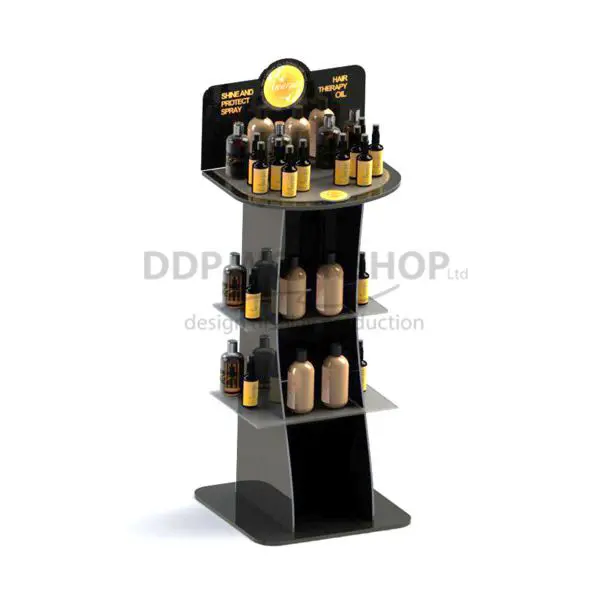 Floor-standing black cosmetic display with shelves and branded top panel