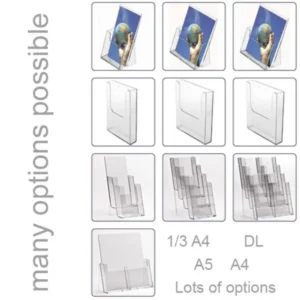 Various clear acrylic leaflet holders in multiple sizes and formats including wall-mounted, tiered, and freestanding options.