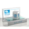 Acrylic product highlighter plinth with colourful product displayed and custom branding header