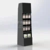 Tall black cardboard floor display with hanging eurohooks and a bottom shelf, ideal for showcasing packaged retail products.
