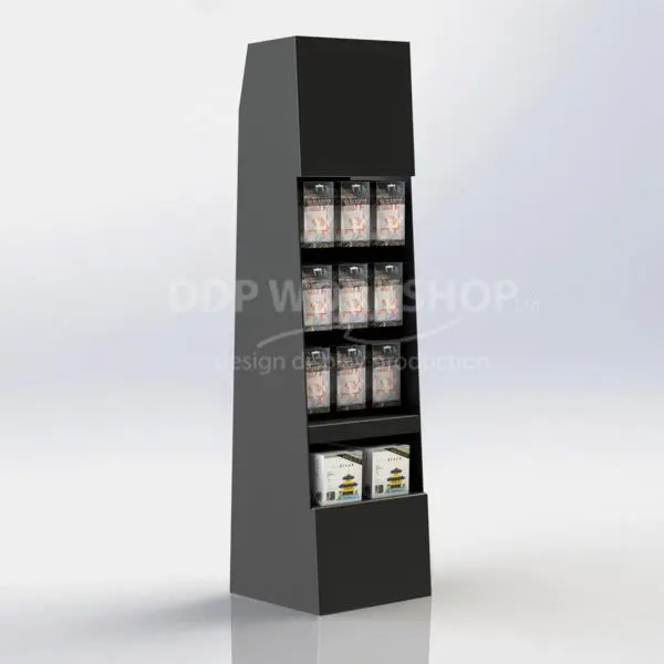 Tall black cardboard floor display with hanging eurohooks and a bottom shelf, ideal for showcasing packaged retail products.