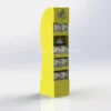 Bright yellow freestanding cardboard display with four product shelves and a central open showcase area for featured items.