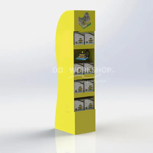 Bright yellow freestanding cardboard display with four product shelves and a central open showcase area for featured items.