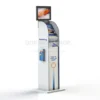 Freestanding multimedia display with built-in screen, leaflet holders, and a collection box in a sleek modern design.