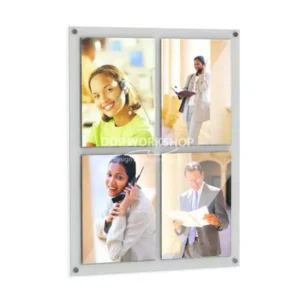 Wall-mounted photo certification board with four A4-sized clear acrylic pockets displaying professional images on a white back panel.
