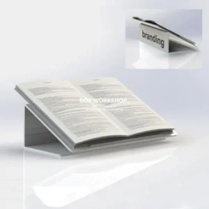 Acrylic desktop lectern stand holding an open book with front branding area