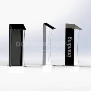 Trio of clear and black acrylic lecterns with branding panel and angled top for note display