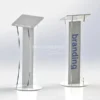 Modern clear acrylic lectern with angled book rest and vertical branding panel