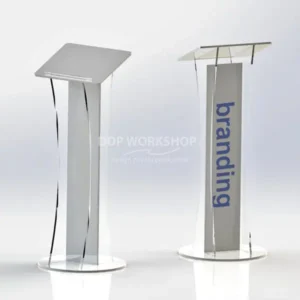 Modern clear acrylic lectern with angled book rest and vertical branding panel