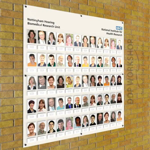 Wall-mounted staff board for Nottingham Hearing Biomedical Research Unit with rows of staff photos and name pockets beneath each image.