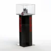Tall floor standing acrylic display case with clear top and black pedestal, showcasing a model motorcycle inside.